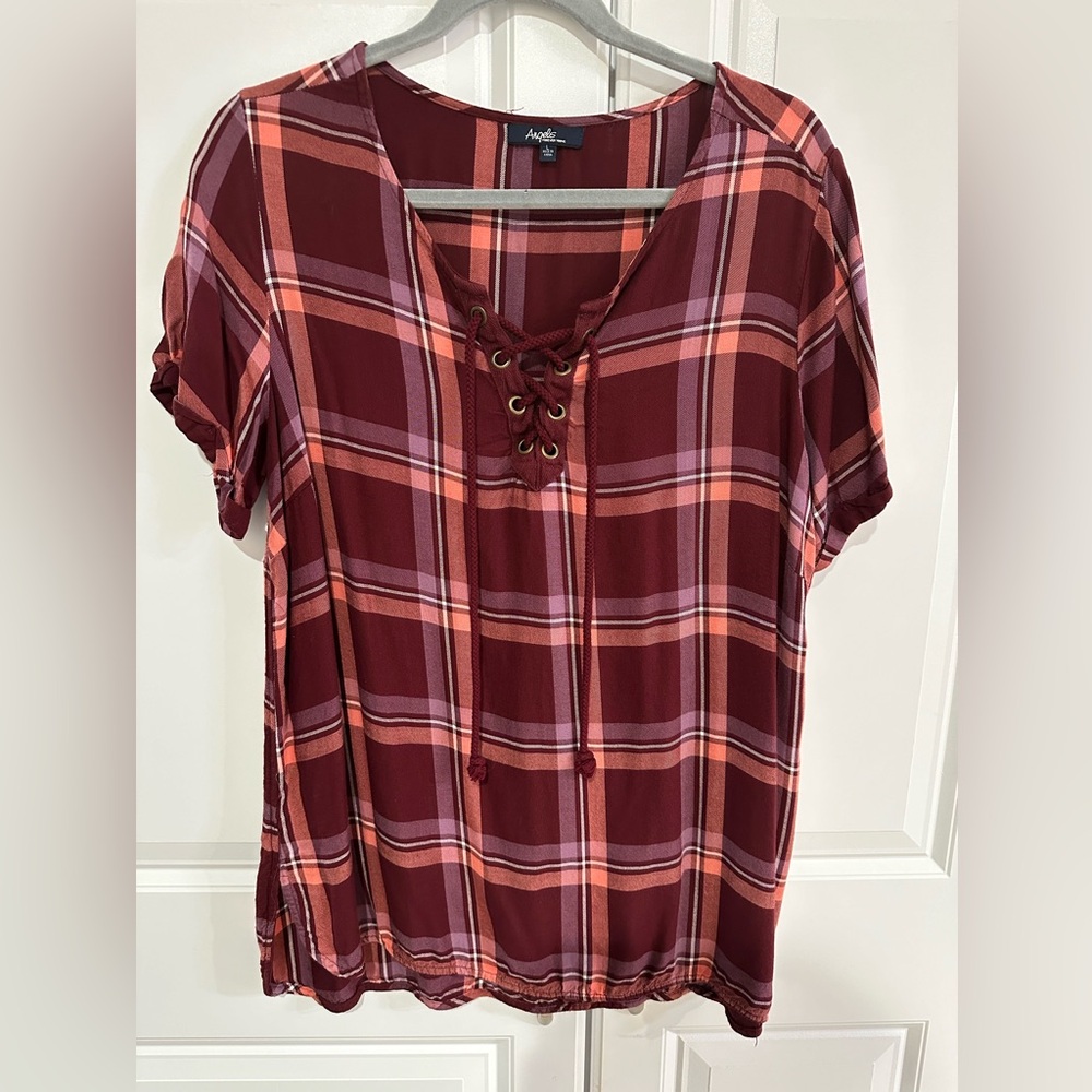 Plaid orange and maroon blouse